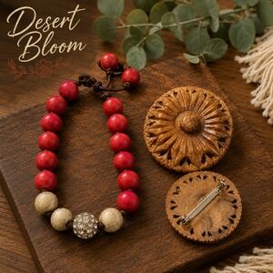 Desert Bloom Boho Red Beaded Bracelet & Sunburst Brooch Set